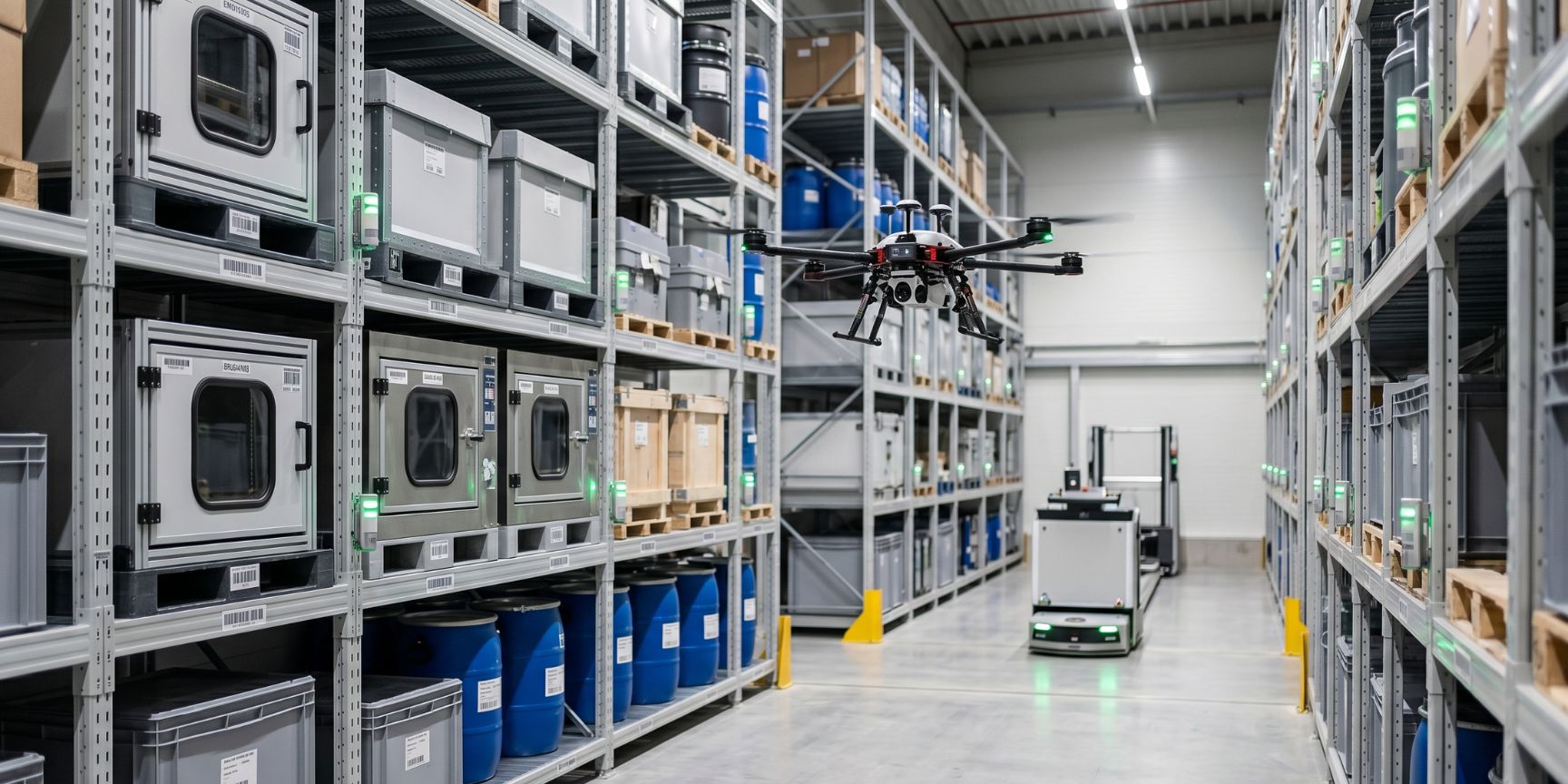 Innenaufnahme eines klimatisierten Endlagers für Industriegüter. Eine automatisierte Drohne fliegt zur Inspektion durch Regalreihen mit spezialisierten Lagerbehältern.